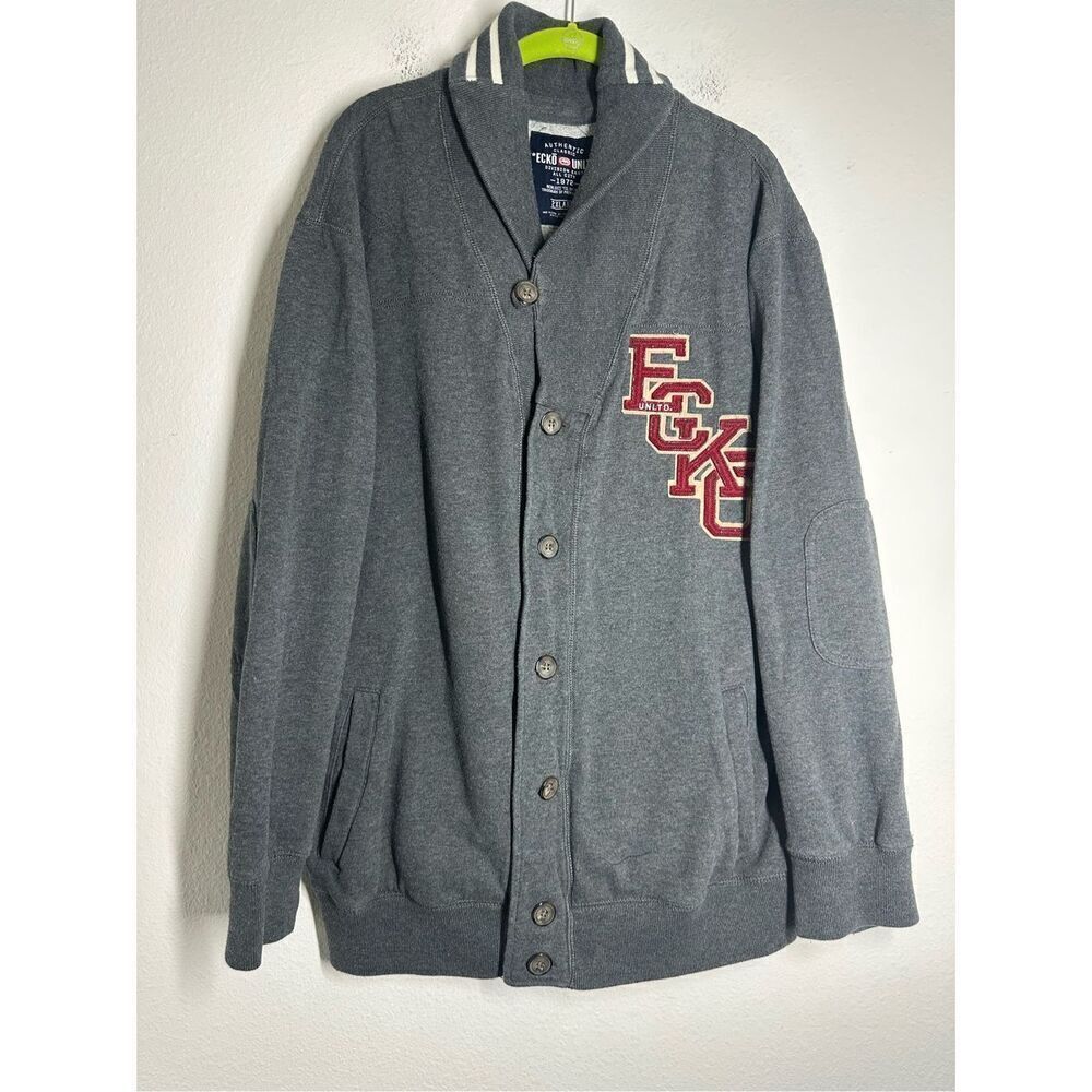 Rare ECKO UNLIMITED Gray Embroidered Letters Vtg Button Up Cardigan 2XL
